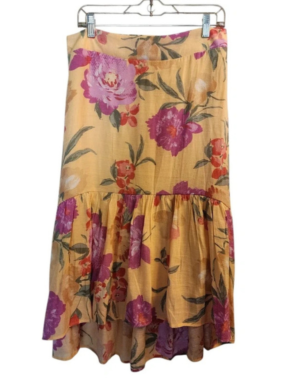 Mlle Gabrielle yellow and pink floral rayon poly midi skirt high-low hem